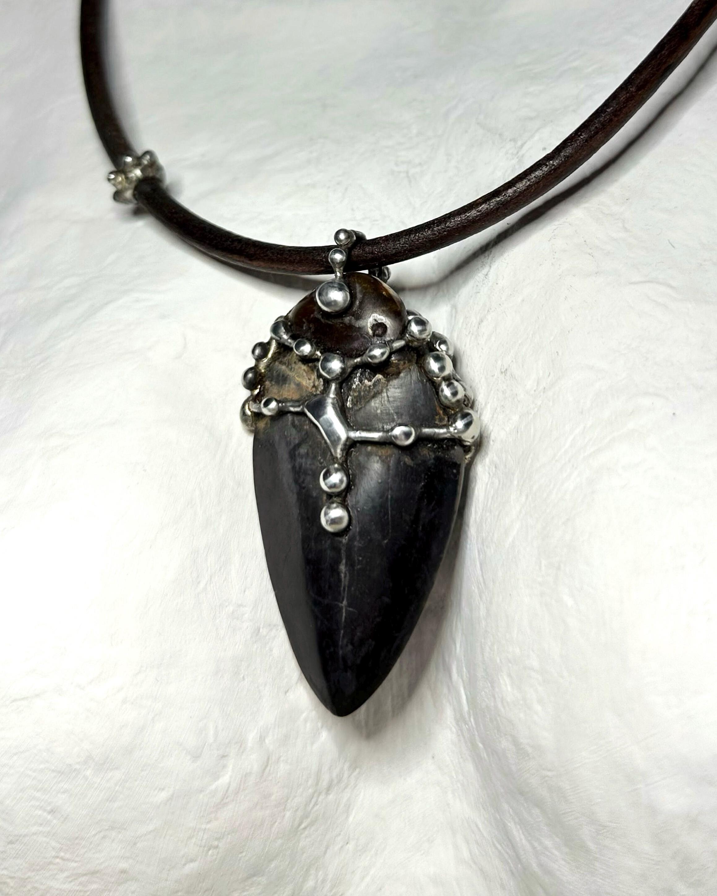Large Megalodon Shark Tooth With Baltic Amber Pendant Necklace,Real Massive Shark Tooth Necklace Unisex