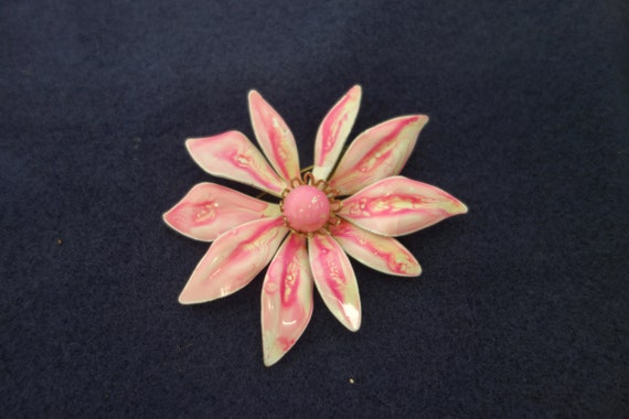 60s Pin Flower Brooch Bright Color Pink Green Stem Leaves MOD