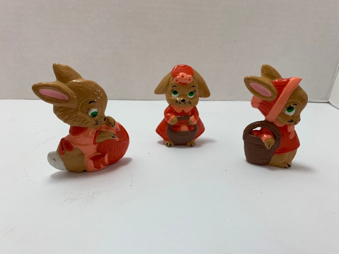 3 Vintage Ceramic Easter Figurines, Painted Glass Brown Easter Bunnies