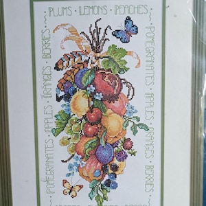 Puede incluir: Un bordado en punto de cruz enmarcado que presenta un grupo central de frutas coloridas, incluyendo ciruelas, limones, melocotones y uvas. El texto que rodea la fruta dice PLUMS, LEMONS, PEACHES, POMEGRANATES, APPLES, ORANGES, BERRIES, GRAPES, CHERRIES, PEARS.