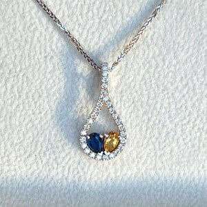 Toi et Moi Diamond Pendant Necklace, Dainty  Drop Diamond Necklace, Blue Sapphire Citrine Pendant, 14k White Gold Natural Gemstones Necklace