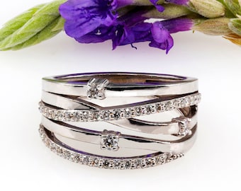 Anillo de 5 filas, anillo cruzado de diamantes, anillo de diamantes vintage, alianza de boda de diamantes naturales para mujer, anillo de boda único, anillo de aniversario