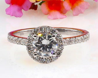 14k/18k white gold halo engagement ring, round halo engagement ring, 1 carat natural diamond ring, halo engagement ring, halo diamond ring