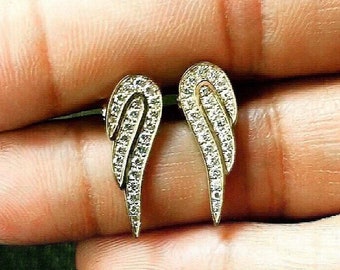 Bridal Earring Diamond,14 Yellow Gold Angel Wings Stud Earrings , Brilliant Cut  Pave Set Diamond Simulants Earring