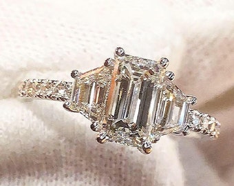 Natural Diamond Ring, 1.5 Carat Engagement Ring, 3 Stone Emerald Cut Engagement Ring, Emerald Cut Diamond Ring, Unique Engagement Rings