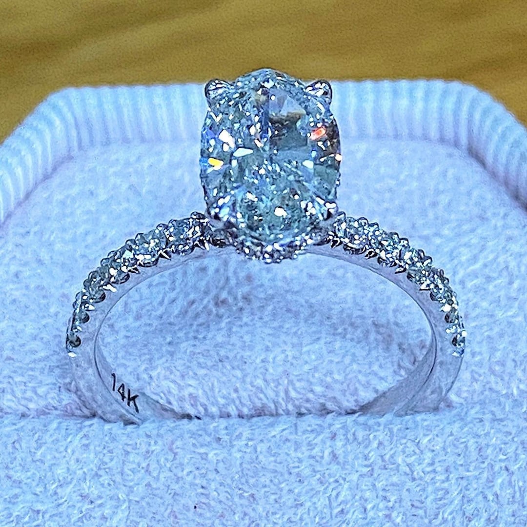 Oval Engagement Ring, 2 Carat Oval Diamond Ring, Hidden Halo Oval Cut
