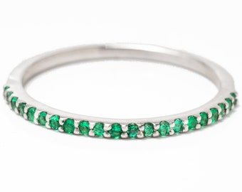 Green Emerald  White Gold Diamond Eternity Band , 21 stones Emerald Ring,Mix Colors Diamond Ring,Anniversary Ring