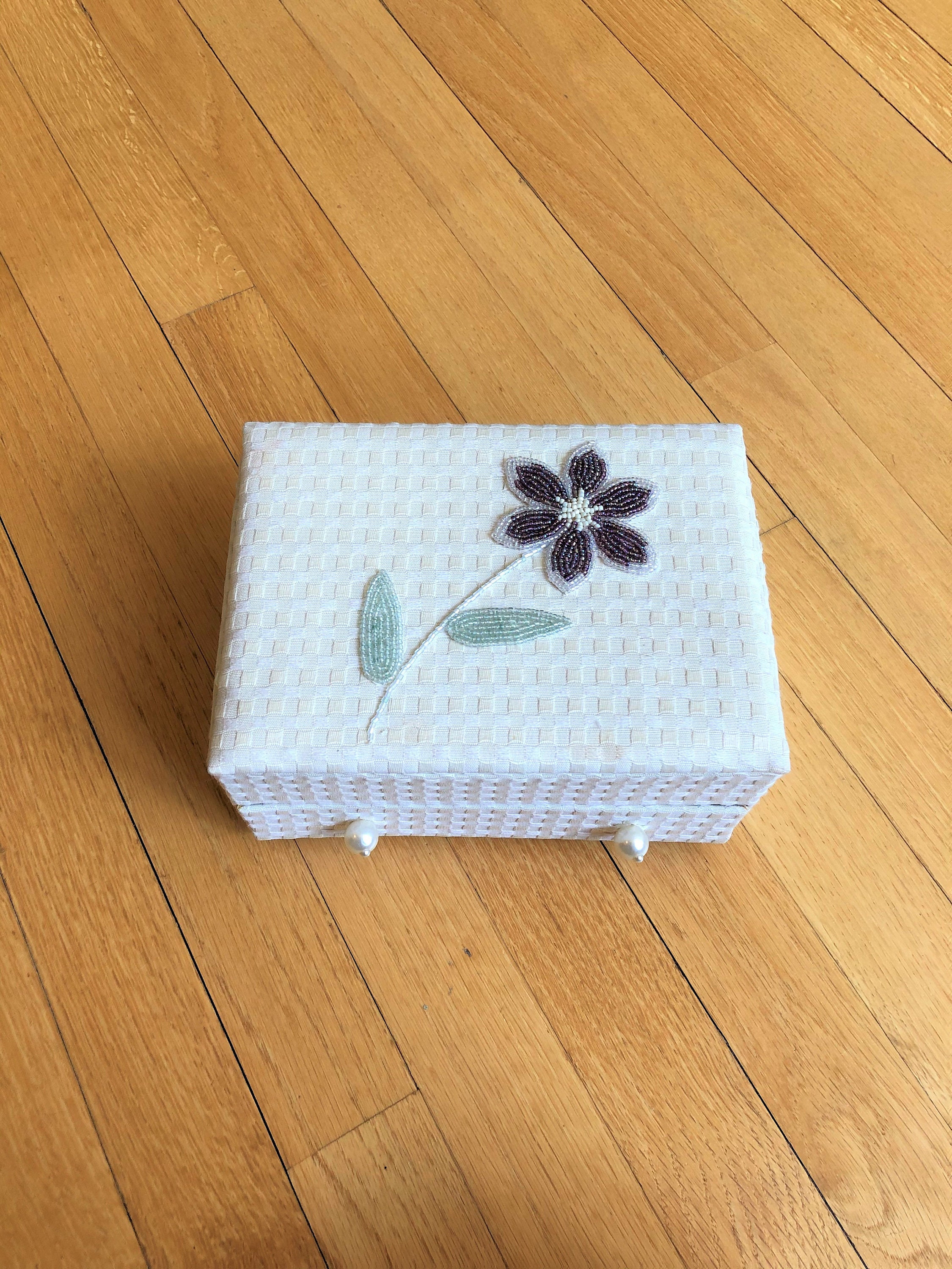 Beautiful White and Purple Beaded Flower Small Jewelry Box