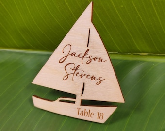Wooden Sailboat Place Cards – Nautical Wedding Escort Cards, Boat Name Place