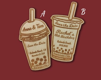 Custom Boba Tea Save the Date Magnet: Wood Wedding Favor