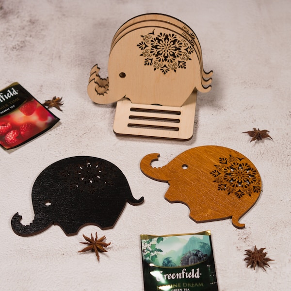 Ensemble de sous-verres mignons éléphant, 6 pcs. + support, sous-verres en bois motif éléphant, éléphant personnalisé