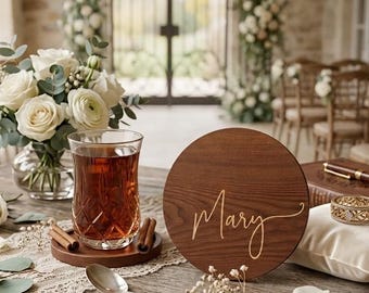 Personalized Name Coasters, Custom Engraved Wood Wedding Favors, Round Plywood Drink Coasters