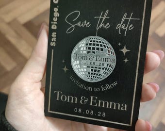 Personalized Save the Date Disco Ball Magnet, Acrylic Wedding Announcement with Optional Wood Card