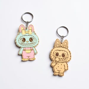 Labubu Wooden Keychain – Cute Kawaii Monster Bunny, DIY Paintable Keychain, Labubu Inspired Art Toy, Unique Gift for Kids