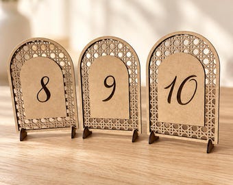Rattan-Style Wedding Table Numbers, MDF Arch Signs with Stands for Boho Reception Decor