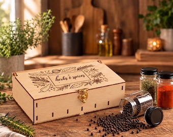 Personalized Wooden Spice Box with Lid, 6 Compartment Spice Organizer, Engraved Kitchen Storage, Housewarming Gift
