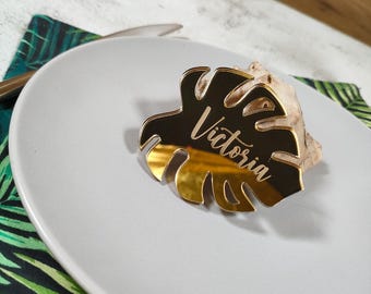 Monstera Place Card, Mirror Acrylic Wedding Name Tag, Tropical Leaf Escort Card, Gold Silver Rose Gold Table Decor