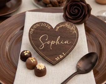 Personalized Heart Wedding Place Cards, Engraved Wooden Guest Names, Birch Plywood Table Decor