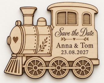 Custom Train Save The Date Magnet, Wooden Wedding Favor, Personalized Laser Engraved Gift, Train Theme Wedding Decor 9cm