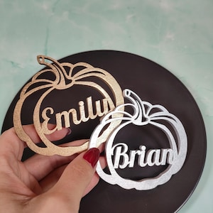 Personalized Pumpkin Place Cards: Metallic Fall Wedding Thanksgiving Decor