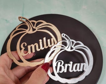 Personalized Pumpkin Place Cards: Metallic Fall Wedding Thanksgiving Decor