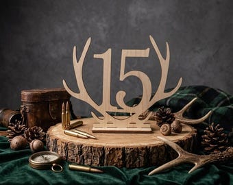 Rustic Deer Antler Table Number, Wooden Wedding Table Sign, Hunting Theme Wedding Decor, Woodland Reception Table Number, Rustic Centerpiece