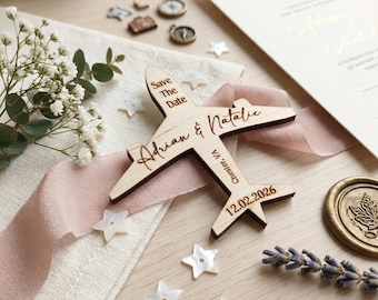 Personalized Airplane Save the Date Magnet, Engraved Wood Destination Wedding Announcement