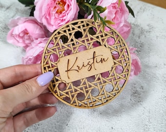 Rattan Coasters Personalized | Laser Cut MDF Drink Coasters | Custom Engraved Wedding Party Favors