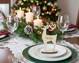 Personalized Reindeer Christmas Place Tags: Wooden Holiday Setting