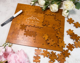 Personalized Wedding Guest Book Puzzle, Wooden Guest Book Alternative, Custom Wedding Puzzle, Rustic Wedding Decor, Signable Pieces