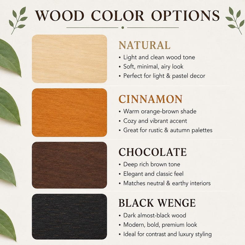 Puede incluir: Imagen que muestra opciones de color de madera: Natural, Canela, Chocolate y Negro Wengu&eacute;. Cada color se muestra en una muestra de madera rectangular con texto descriptivo. El texto describe el tono y estilo del color.