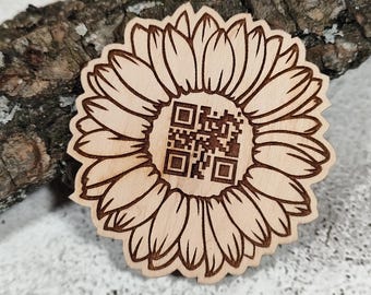 Custom QR Code Sunflower Coaster or Magnet: Laser Engraved Birch Plywood Display