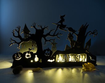 Personalized Halloween Wood Decor: Spooky Gothic Table Centerpiece