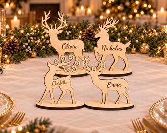 Personalized Reindeer Place Cards, Wooden Christmas Name Tags for Holiday Dinner Tables