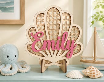 Personalized Seashell Name Sign, Coastal Beach House Decor, Layered Plywood Ocean Wall Decor