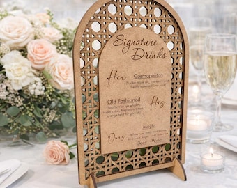Arch Rattan Signature Drinks Sign – Custom Wedding Bar Menu – Personalized MDF Cocktail Sign