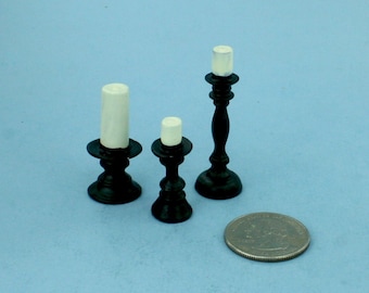 Dollhouse Miniature Set of 3 Decorative Black Resin Candle Sticks with Candles #AZT8480