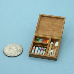 Dollhouse Miniature Opening Wood Artists Box with Paints & Tools Inside