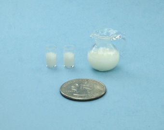 Dollhouse Miniature Filled Pitcher & 2 Filled Glasses of Milk