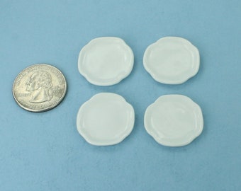 Set of 4 Dollhouse Miniature 1 inch Fancy White Glazed Porcelain Dinner Plates #MPLP19