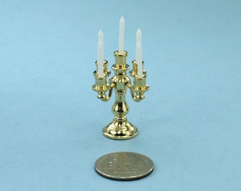 Elegant Dollhouse Miniature 5 Arm Brass Candelabra with White Candles