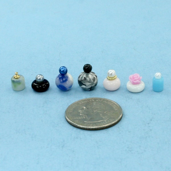 FABULOUS Set of 7 Handcrafted Dollhouse Miniature or Fashion Doll Scale Fancy Vanity Perfume Bottles #PS39