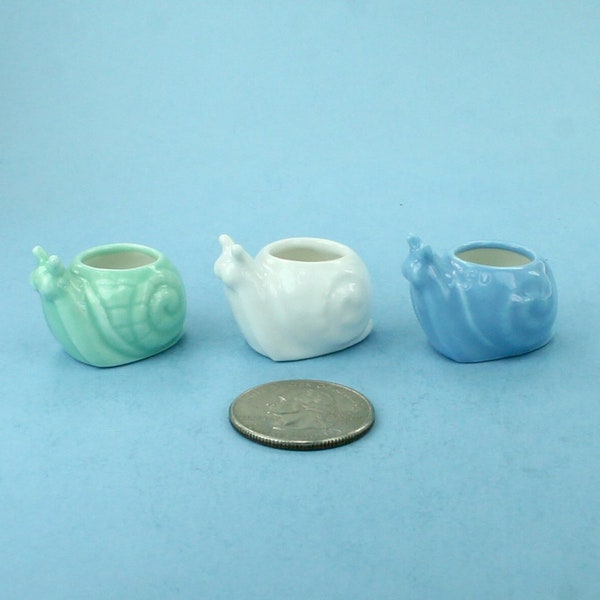 Darling Little Dollhouse Miniature Glazed Ceramic Snail Shaped Planter Pots Snail Vases ASSORTED COLORS