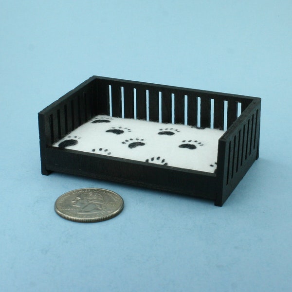 CUTE! Dollhouse Miniature Black Wooden Dog Bed with ASSORTED Cushions #SHDB1