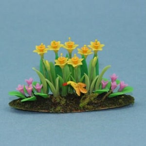 Charming Dollhouse Miniature Flower Garden Filled with Yellow Daffodils, Pink Flowers and a Tiny Bird #WCFL43