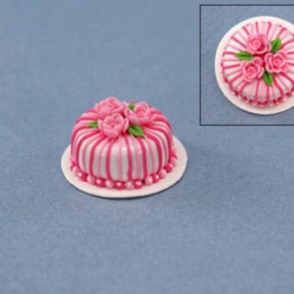 Charming Round Dome Style Dollhouse Miniature Beautifully Decorated Bakery Cake with Pink Roses #SP48