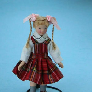 Dollhouse Miniature Porcelain Little Girl Doll Dressed in Plaid