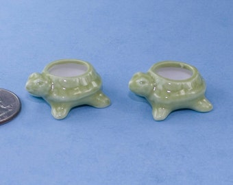 CUTE Pair of 2 Dollhouse Miniature Turtle Shaped Planter Pots with a Green Glazed Finish #PLTZ11