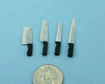 1/12 Scale Dollhouse Miniature 4 Piece Kitchen Knife Set Butchers Knives Chef Knives