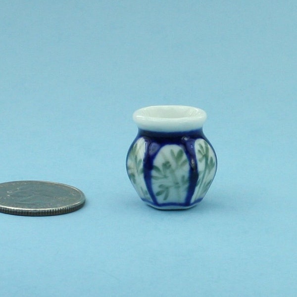 Dollhouse Miniature Beautiful Blue, White and Green Oriental Style Vase with Bamboo Branch Pattern 1:12 Scale #LCV33